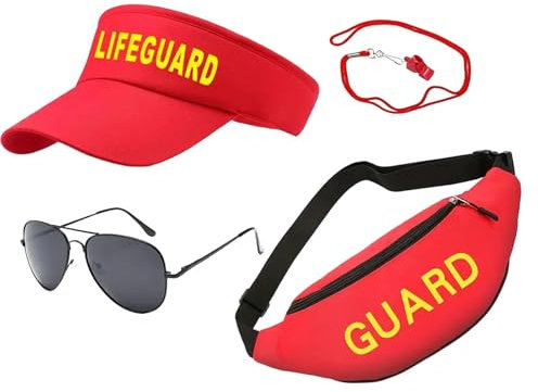 Generisch 4 Stücke Rettungsschwimmer Kostüm Set Lifeguard Kostüm Baywatch Kostüm mit Einstellbar Rettungsschwimmer Hut Gürteltasche Pfeife Sonnenbrille für Erwachsene Kinder Frauen Männer