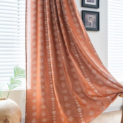 SASIGAYA Boho Vorhänge Orange Vintage Baumwolle Leinen Schiebevorhänge im Landhausstil Gardinen Halbschattig Bedruckte Vorhang B132×H300cm 2 Stück für Küche Wohnzimmer Schlafzimmer Curtains