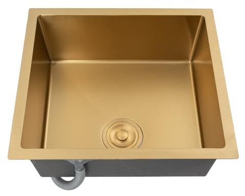 CzyuRachel Fregadero de cocina de acero inoxidable, 50 x 45 cm, color dorado, 1 cuenco, sifón con 2 tubos de desagüe, rectangular