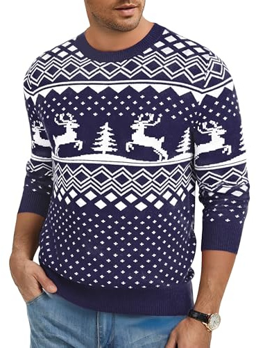 Jahetuul Jersey Navidad Hombre de Punto con Reno y Árbol | Este jersey Navidad hombre de punto suave y cálido luce reno y árbol para fiestas de invierno y regalos navideños