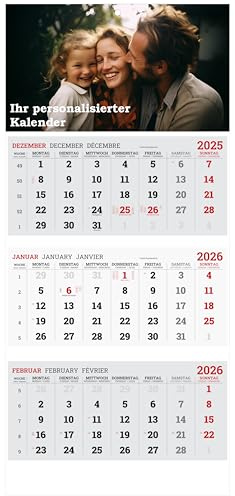 Personalisierter Wandkalender 30 × 70 cm (Dreiteiler) – Wandkalender mit eigenen Fotos – Monatsübersicht 3-Monats-Format – Hochwertiger Fotokalender