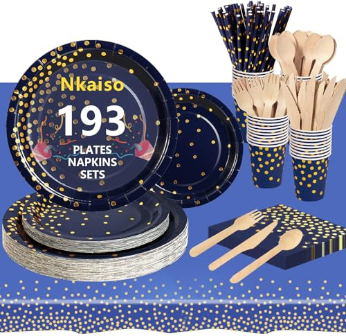 Nkaiso Platos y Vasos Desechables, 193 Piezas Azul Marino Dorado Vajilla Cumpleaños Infantil Juego para Fiestas Platos Carton Servilletas Cubiertos para Baby Shower Aniversarios -24 Invitado
