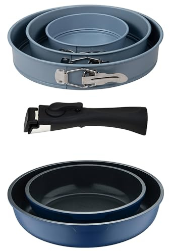 Bergner Click&Cook Pfannen-Set, 2-teilig, Ø 22 x 26 cm, Aluminiumguss, blau, mit abnehmbarem Griff + 3-teiliges Backformen-Set Ø 12 Ø 18 Ø 22 cm