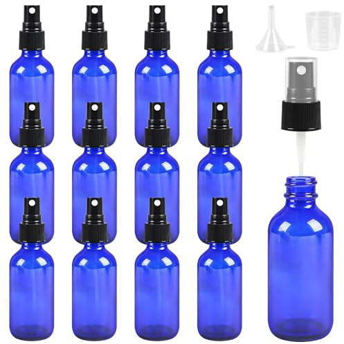 ZBCCEOB 12/24 Pack Glass Spray Bottles, 2oz/4oz Empty Glass Spray Bottles with Fine Mist, Small Leak Proof Travel Dispenser Bottles for Essential Oils, Bath, Beauty, Hair & Cleaning, Blue, BU-2oz- 12