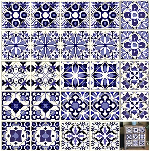 LIUZHUJ 24 Stück Fliesenaufkleber Bad, Blau Fliesensticker Wasserdicht, Marokkanischer Stil Badezimmer Fliesen Überkleben, 10 Designs Fliesenfolie Bad, für Bad, Küche und Balkon