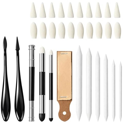 32PCS Blending Stump and Tortillon Set, Professional Art Blending Tools with Sponge Pens & Sandpaper Sharpener, Washable & Reusable for Charcoal, Graphite Sketching by Artists and Students