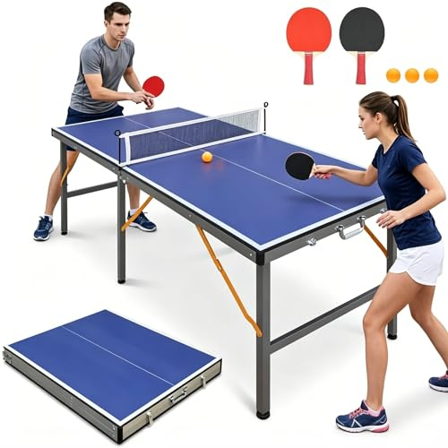 Klappbare Tischtennisplatte Set mit Netz Schlägern und Bällen Mobile Mini Tischtennis-Platte für Kinder und Erwachsene Indoors Outdoors Stabiler 6-Bein Ping Pong Tisch Blau für Garten Keller Camping