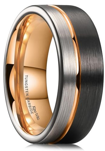 King Will Alliance en carbure de tungstène 6 mm 8 mm Or rose Noir et argent brossé Bords plats/biseautés Coupe confortable, N 1/2(54.43mm), Tungstène, Aucune pierre précieuse