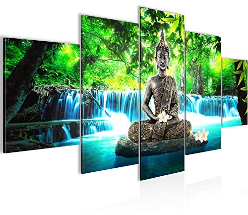 Runa Art Bild Wohnzimmer Schlafzimmer Buddha Wasserfall 5 Teilig Natur Blau Grün Wandbilder auf Vlies Leinwand 503553b