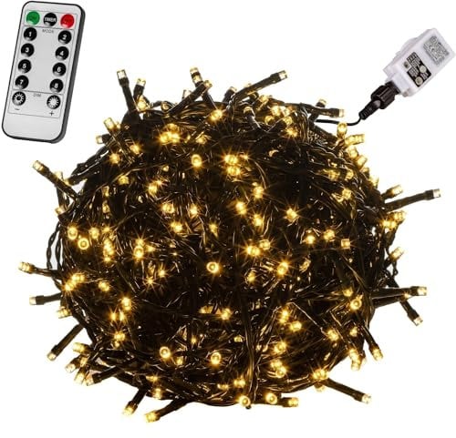 VOLTRONIC LED Lichterkette, IP44, Modell- und Farbwahl, 100 LEDs, Grünes Kabel, warmweiß, Fernbedienung