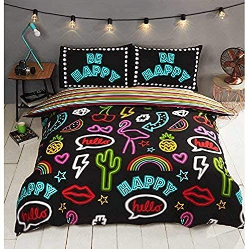 Rapport Funky Neon Wende-Bettwäsche-Set, gestreift, Polycotton, Schwarz, Doppelbett