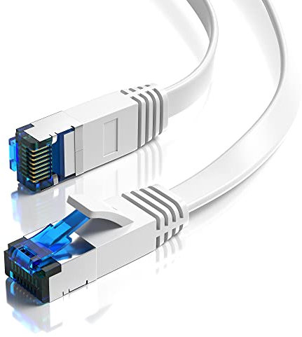 JAMEGA - 10m CAT.7 Netzwerkkabel Flach Ethernet Kabel Patchkabel in Weiß | Gigabit Lan 10Gbit/s | 600MHz | Cat-7 Rohkabel U/FTP PIMF Schirmung mit RJ45 Stecker | Router Switch Modem