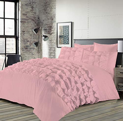 Voice7 Priscilla 3pc Frilled Double Bed Duvet Cover + Two Pillow Cases - Pleated PinTuck Classical Quilt Covers Bedding Set UK Sizes (Pink, Double)