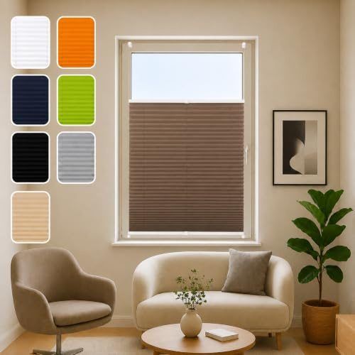 ondeco® Plissee ohne Bohren 120x130 cm braun | Blickdicht, Sichtschutz für Fenster & Tür | Easy-to-fix