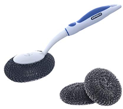 Superio Grill Scraper BBQ Brush with Long Handle and 2 Refills Blue- Grill Cleaner Stainless Steel Scourer for Barbecue, Frying Pan, Pot, Porcelain, Weber Gas, Charcoal Grill