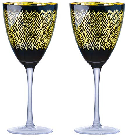 ARTLAND - Midnight Peacock Champagne Flutes - Gold & Black - Set of 2-200ml Capacity Per Glass - Perfect Idea for Gifting