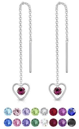 DTPsilver Orecchini Ametista - Orecchini Donna Cuore Argento 925 con Brillantini di Cristallo Ametista 3 mm - Orecchini Lunghi Donna - Orecchini Cuore - Orecchini Pendenti Donna Argento 925