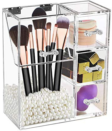 Discoball Makeup Brush Holder Organizer with Lid Dustproof Cosmetic Organiser Storage Box with Pearl, Clear Square