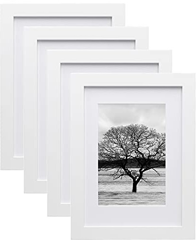 A5 Frame,A5 Picture Frame 100% Solid Wood Matted for 6x4, A5 Photo Frame with Acrylic,14.8x21cm Picture Frame for Tabletop and Wall Mounting, Certificate Frame for Portrait, Set of 4, White