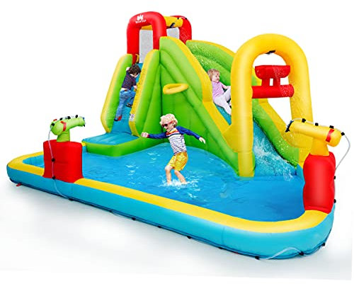 GYMAX Castello Gonfiabile per Bambini con Scivolo, Parete da Arrampicata e Piscina, Carico 160kg, Secco & Acqua, Parco Acquatico Gigante da Giardino con Paletti e Borsa, 400 x 335 x 230 cm