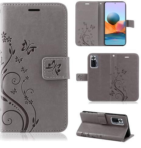 betterfon Hülle Kompatibel mit Xiaomi Redmi Note 10 Pro | Premium PU Leder Handyhülle Wallet Case für Redmi Note 10 Pro | Schutzhülle Blumen Klapphülle Handyhülle | Grau