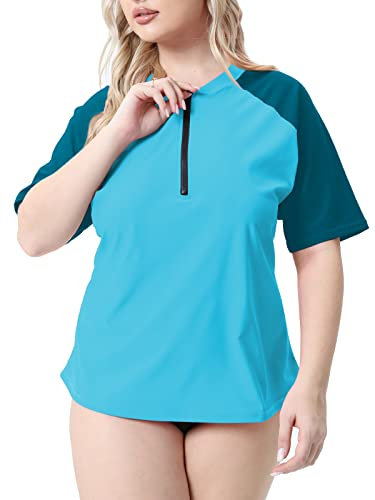 Halcurt Kurzarm Rashguard Oberteil Reißverschluss für Damen Schwimm Sonnenhemden
