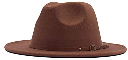 LIANGFANG Damen Fedora Hut Breite Krempe Floppy Wollfilz Filzhut Lederband Womens Classic Wide Brim Floppy Panama Hat Belt Buckle Wool Fedora Hat, Braun, Einheitsgröße, AAC01