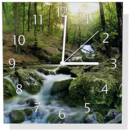 Wallario Design Wanduhr Fließender Bach im Wald bei Sonnenuntergang aus Aluverbund, Alu-Uhr Größe 30 x 30 cm, weiße Zeiger mit Metalloptik