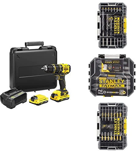 Stanley FATMAX Perceuse à Percussion Sans Fil 18V Gamme FATMAX V20 SFMCD721D2K-QW + 19 Forets Metal et Embouts de Vissage Impact + 10 Embouts Vissage Impact 50mm Pz2 + 22 Embouts Impact Torsion 50mm