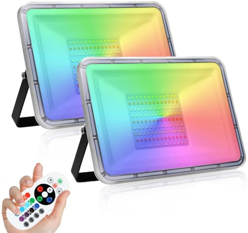 NIKEEYEN 2 Pack 100W RGB Foco Led LED Floodlight Impermeable IP67 16 colores y 4 modos Cambio de color Luz de seguridad con Control Remoto Foco Exterior para Jardín, Fiesta, Navidad (Sin memoria)