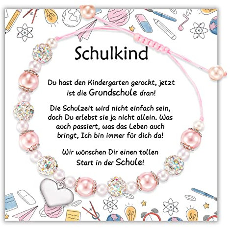 POWWA Geschenk Einschulung Mädchen, Schultüte Mädchen Inhalt 2024 Schulkind Armband,Geschenk für Erstklässler Abschiedsgeschenke Rosa Perlen Herz Charme Armband Geschenke für Mädchen