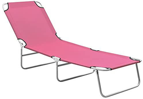 INLIFE Chaise longue pliante en acier et tissu rose