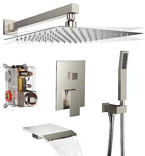Set doccia a pioggia con rubinetto per vasca da bagno, 25,4 cm, montaggio a parete, rubinetto per vasca da bagno con doccetta e corpo valvola ruvida, kit di finitura, nichel spazzolato