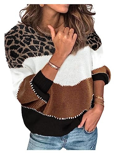 HEYPORK Damen Herbst Winter Warm Bequem Pullover Casual Mode Strickjacke Strickpullover Frauen Persönlichkeits Colorblock Rundhals Pullover Lockerer Strickpullover(Braun, L)