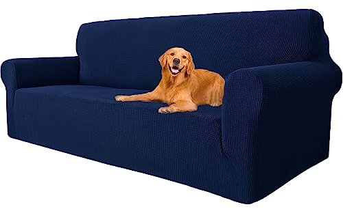 YSTELLAA Stretch Sofa überzug 3 Sitzer, Super Elastisch Sofabezug Mit Armlehnen Waschbarer, kratzfester rutschfest Sofa Cover für Hunde Katzen und Haustiere(Dunkelblau, Sofa Breite 183cm-234cm)