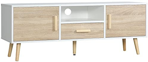 HOMCOM Mobile TV Basso per TV fino a 46 con Ripiano Aperto, un Cassetto e 2 Armadietti, Mobiletto TV in Truciolato e Legno di Pino, 120x37x45.5cm, Bianco e color Legno