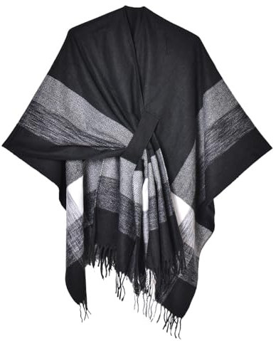 Wahuan Eleganter Bequemer Damen Poncho Pullover mit Chevronstreifen und Fransen Poncho Cape Retro Cardigans Pullover fühlen Wickelschal Geschenk für Mutter Strick Ponchos & Capes (T3, Einheitsgröße)