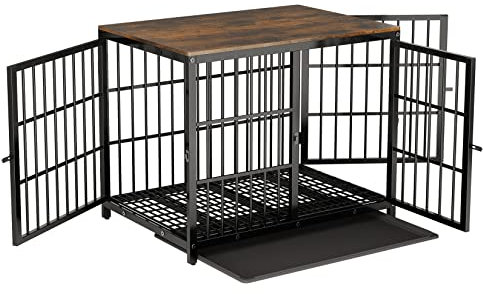 BingoPaw Wooden Dog Crate Indoor: 36inch Furniture Style Pet Cage Pet Kennel End Table with Three Doors and Removable Tray for Medium Large Dogs Black