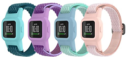 ESeekGo Elastische Bänder kompatibel mit Garmin Vivofit Jr 3, buntes Nylon, dehnbar, Solo-Schlaufenriemen mit Schutzhülle, verstellbares Ersatzband, Zubehör für Mädchen und Jungen