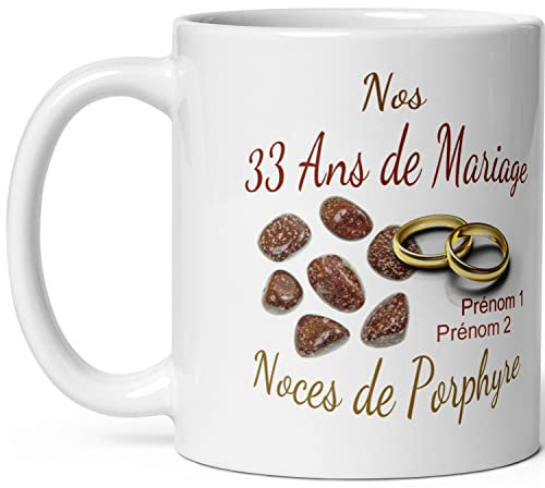 Kalféa Mug anniversaire mariage 33 ans noces de Porphyre personnalisable 2 prénoms tasse personnalisée Idée Cadeau Originale Famille couple mari femme noel fete époux épouse