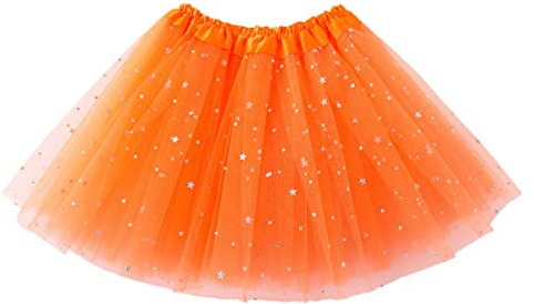 Minetom Damen Paillette Tüllrock Dehnbar Faltenrock Skater Tennis Mini Rock Netz Schichtrock Puffy Ballerina Stars 3-Lagiger Tutu Rock Petticoat Unterrock Karneva Kostüm A Orange Einheitsgröße