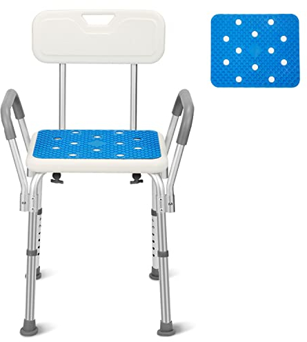 Izrielar Sgabello da doccia, regolabile in altezza, sedia da doccia con schienale e bracciolo, sgabello da bagno, in alluminio, con supporto antiscivolo, Bianco