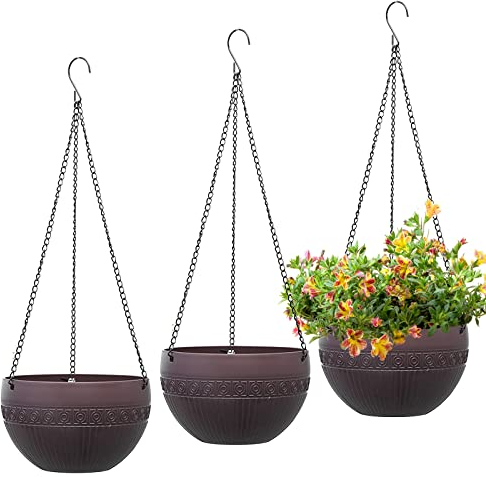 Moollyfox 3 vasi per fiori esterni, diametro 21 cm, autoirrigazione, da appendere, in plastica, per esterni, con catene, per interni ed esterni, per piante sospese