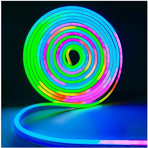 Tesfish 12V WS2811 Neon LED Streifen, RGB Pixel Strip 5 Meter Flexibel IP65 Wasserdicht Band Vollfarbiger Individuell Adressierbarer Smart Lichtleiste für DIY Werbung Dekoration