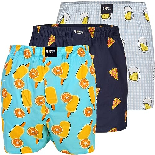 Happy Shorts 3er Pack Webboxer Herren Boxer Motiv Boxershorts Farbwahl, Farbe:Bier - Pizza - EIS, Grösse:XL