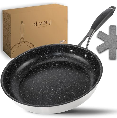 DIVORY Edelstahl Pfanne 24 cm Induktion I Antihaft beschichtete große Bratpfanne für alle Herdarten I Induktionspfanne, Ergonomischer Griff, Spülmaschinen geeignet (24cm, Schwarz)