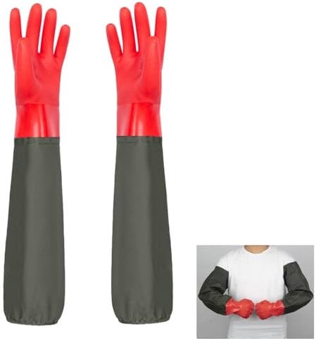 YIOIY Pond Gloves, Extra Long Drain Cleaning Gloves, Waterproof Sleeve Gloves, Full Arm Gloves for Men Women (Red, Flocking Lining)