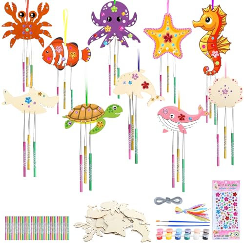 Aitsite 10 Stück Windspiel Bastelset Kinder Meerestiere aus Holz DIY Windspiel Basteln Färben Kreativsets für Mädchen Jungen Bastelset Kindergeburtstag Gartendekoration