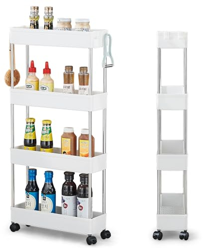 Wopeite Carrito Auxiliar con Ruedas Cocina, Carro de Almacenamiento Rodante de 4 Niveles, Multifuncional Organizador Carrito Cocina para baño, lavadero, Espacio Estrecho, Plástico, 40 x 13 x 86 cm