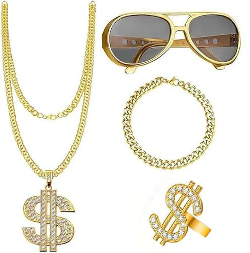 VIDSTW 4 Stück 90er Hip Hop Rapper Kostüm Zubehör Rapper Kette Zuhälter Kostüm Zubehör Goldkette Kostüm Zubehör Ring Dollar Kette Sonnenbrille Goldketten-Set für 80s/90s Fasching Karneval Party